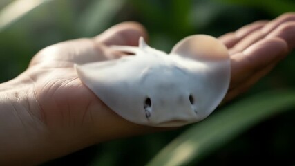 Gentle Touch: A small, adorable stingray rests delicately in an open palm, evoking feelings of wonder and connection with the sea's serene beauty. 