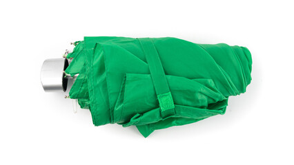 Compact folded umbrella isolated, small green parasol, old umbrella