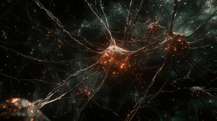Futuristic neural network with glowing orange nodes, dark space, sci-fi vibe. Holographic accents, 2000s, futuristic style. Digital art, sci-fi visuals, modern technology concept banner.