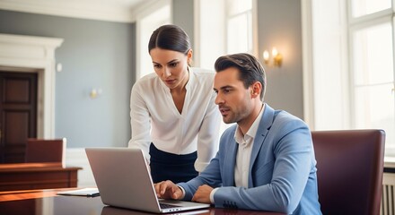 Focused Collaboration: Two colleagues engaging in intense collaboration, working on a laptop. Capturing concentration. 