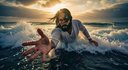 Heroic Reach: A solitary figure struggles amidst a surging ocean, reaching out with a resolute hand, embodying resilience and a desperate plea amidst adversity.