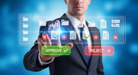 Digital Decision Making: A focused businessman in a tailored suit makes a decisive gesture on a high-tech digital interface, symbolizing innovation and business control.