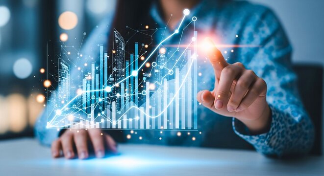 Analyzing Financial Growth: A modern business professional, her finger tracing an upward-trending chart.