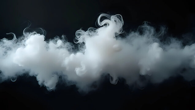 A realistic plume of thick white smoke or vapor with detailed wisps and swirls, flowing horizontally, abstract texture or special effect overlay, isolated on solid black background