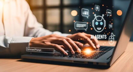 AI Agent Interaction: An individual at work engages with AI agents and smart technology, creating a digital workspace.