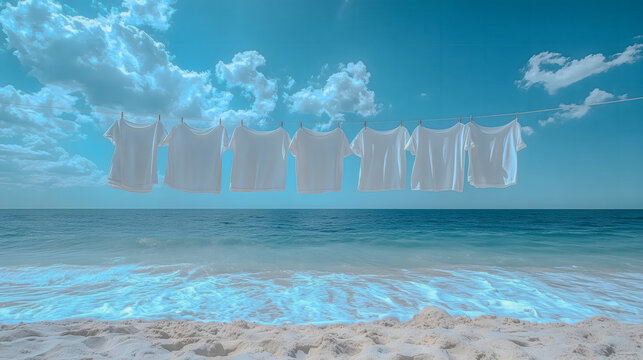 White laundry swaying above clear water in a breezy summer scene