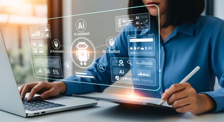 Digital Innovation: An innovative professional engages with futuristic artificial intelligence interface, representing the evolution of business, AI and technology.