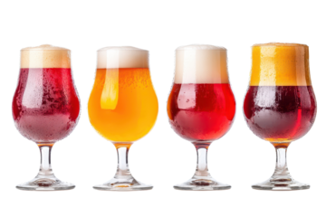 Colorful beer varieties in elegant glasses arranged side by side against a clean white background showcasing distinct hues and textures