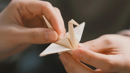 Hands delicately folding a paper crane in an origami craft