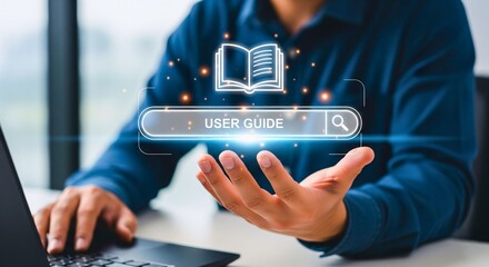 Guidance in Hand: A person is holding up a screen interface with the words User Guide, emphasizing digital support and guidance, accompanied by a book icon.