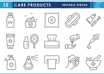 A set of line icons related to Care Products. Health, brush, herbal, sunscreen, tissue, pad, soap, perfume, and so on. Vector editable stroke.