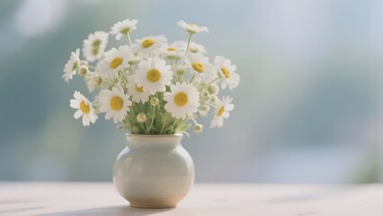 A vase filled with white daisies on a wooden surface against a soft, blurred background.