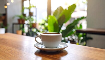 Fototapeta premium Latte in cafe, sunny day, plants