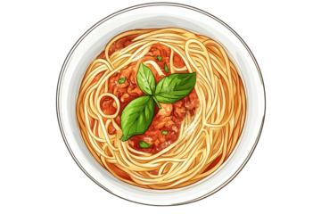 Delicious spaghetti bolognese served in a white bowl garnished with fresh basil on a vibrant background showcasing a culinary delight