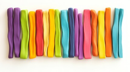 46.Colorful plasticine sticks arranged in a neat row, vibrant sculpting clay bars in bright primary and pastel colors, isolated on a white background