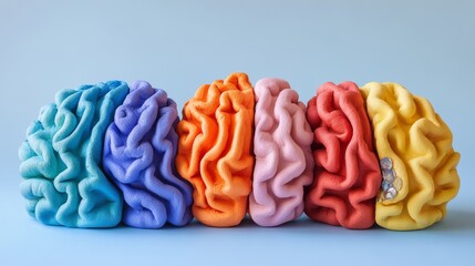 40.Artistic plasticine brain model, segmented into different colors with small metallic details, conceptual visual of amnesia and mental function, arranged on a light blue background