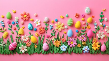 94.Cute and colorful 3D plasticine Easter border with sculpted grass, flowers, and scattered eggs, joyful seasonal decoration for festive designs