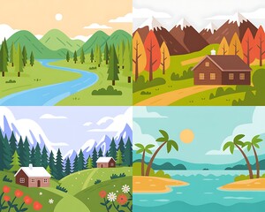 Fototapeta premium Four seasons landscape scenes with cozy cabins and natural beauty