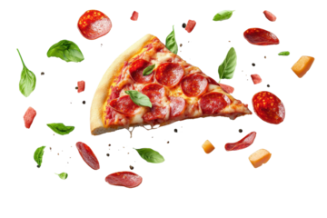 Delicious slice of pepperoni pizza with fresh basil and floating toppings creating an appetizing display in modern kitchen setting