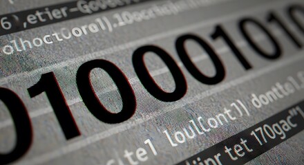 Close-up of binary code,  "010001010" prominently displayed,  blurred programming lines in background.