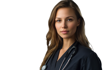 Professional female doctor portrait with stethoscope isolated on white background, showcasing expertise and dedication in healthcare field