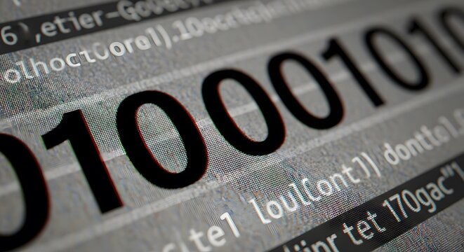 Close-up of binary code,  "010001010" prominently displayed,  blurred programming lines in background.