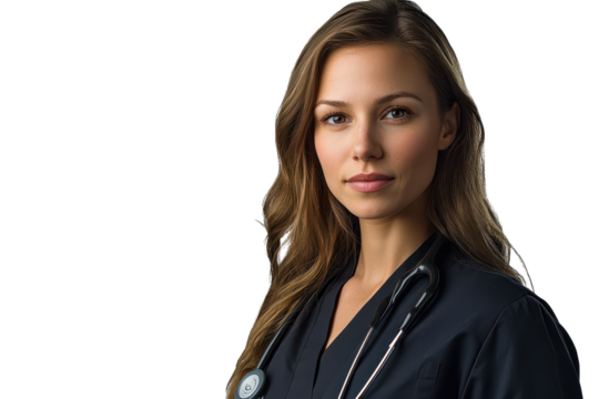 Professional female doctor portrait with stethoscope isolated on white background, showcasing expertise and dedication in healthcare field