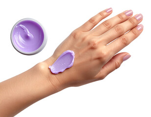 Female hand with purple body cream applied and open jar on isolated white background