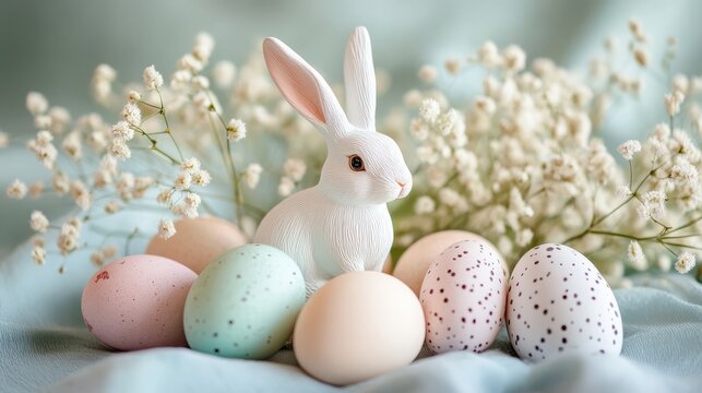 76.Artistic arrangement of pastel Easter eggs with handcrafted bunny figurines, soft and delicate festive display symbolizing spring renewal and holiday joy