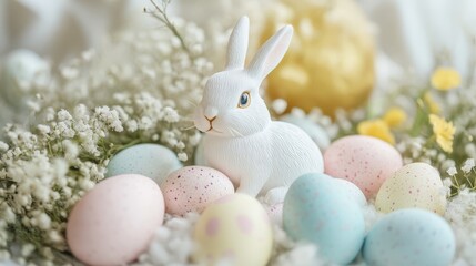 76.Artistic arrangement of pastel Easter eggs with handcrafted bunny figurines, soft and delicate festive display symbolizing spring renewal and holiday joy