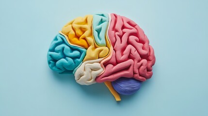 36.Plasticine brain with colorful sections, handcrafted sculpted organ with vibrant segments, symbolic representation of cognitive function and memory loss, flat lay on light blue