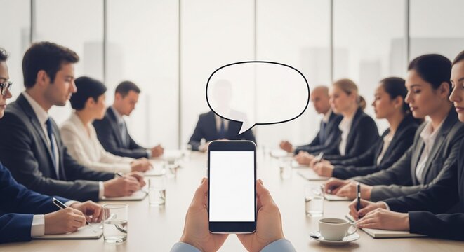 Boardroom Chat: An elegant boardroom setting hosts a diverse group of professionals immersed in a meeting, the focal point shifting to the smartphone held with a speech bubble.