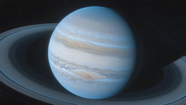 Giant Gas Planet with Prominent Rings and Swirling Atmosphere