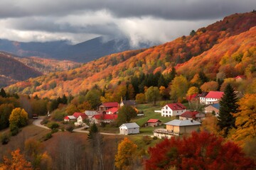 Scenic mountain village nestled in vibrant autumn foliage under dramatic clouds