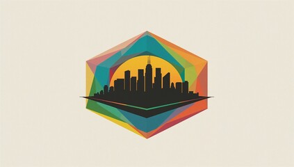 Obraz premium Geometric Hexagon with Sunset City Skyline Silhouette