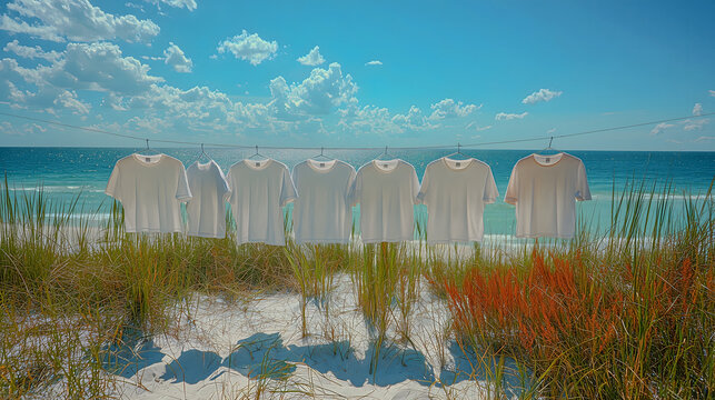 Laundry line of pale tops above rolling surf and open sky