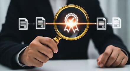 Quality Assurance: The image features an individual reviewing documents with a magnifying glass and quality assurance badge, symbolizing approval.