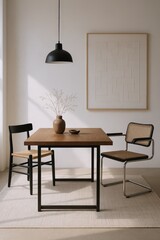 Modern Dining Set with Minimalist Artwork and Natural Textures, Creating a Serene and Stylish Interior Ambiance