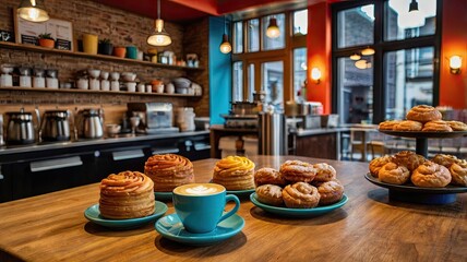 A coffee and pastries on a wooden table in a cafe with a view of the interior and the street outside