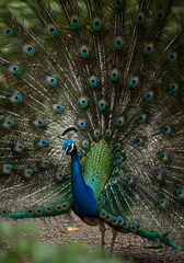 Obraz premium A majestic peacock proudly displays its vibrant, iridescent tail feathers in a full, fanned-out spread.