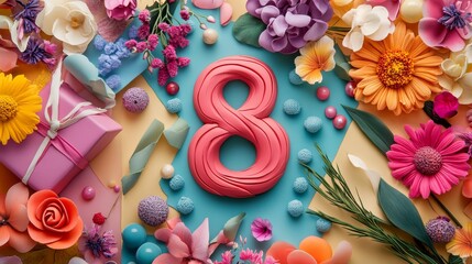 83.Sculpted modeling clay Women's Day arrangement with a vibrant number 8, blooming flowers, and a present, festive artistic tribute to femininity and celebration