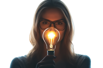 Successful IT business woman holds a light bulb in front of her face, symbolizing ideas and innovation in her career during a bright moment of inspiration