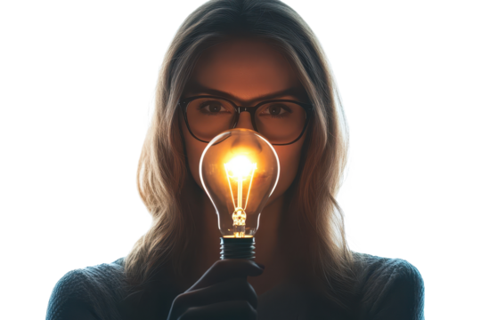 Successful IT business woman holds a light bulb in front of her face, symbolizing ideas and innovation in her career during a bright moment of inspiration
