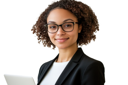 Successful IT business woman smiling confidently in a modern office environment while holding a tablet and wearing stylish glasses - Powered by Adobe