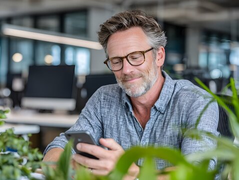 Contented middle aged man in glasses uses smartphone at his desk in a modern, bright open plan office.