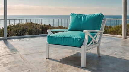 White chair with turquoise cushions on a patio overlooking the ocean on a sunny day outdoors