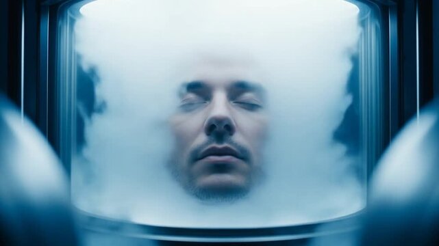 Futuristic Science Fiction Scene: A Man Sleeps in a Cryogenic Stasis Pod for Suspended Animation.