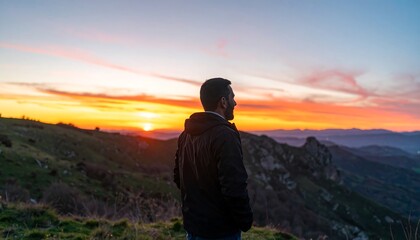Fototapeta premium Man gazing at colorful sunset over mountain range