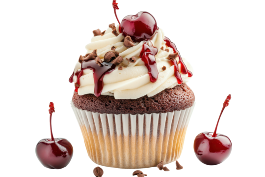 Delicious chocolate cupcake with cherry topping and frosting served on a white background inviting indulgence for dessert lovers