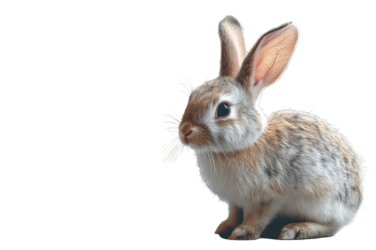 Cute rabbit sitting on soft surface in a cozy indoor environment during daytime showcasing its fluffy fur and attentive expression